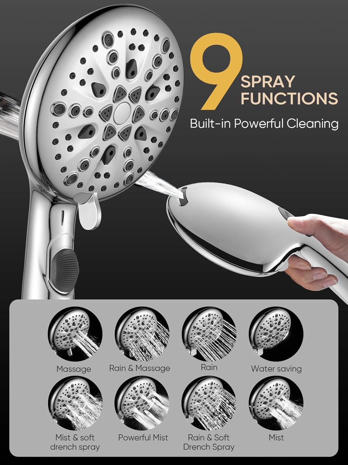 Cobbe 9 Function Handheld Shower Head with Power Wash