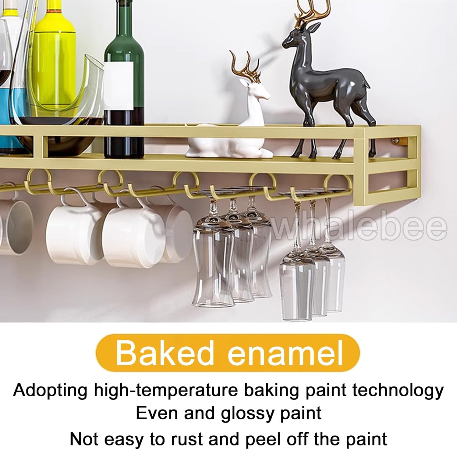 Whalebee Wall-Mounted Wine Glass Rack - 5 Rows Black Gold White
