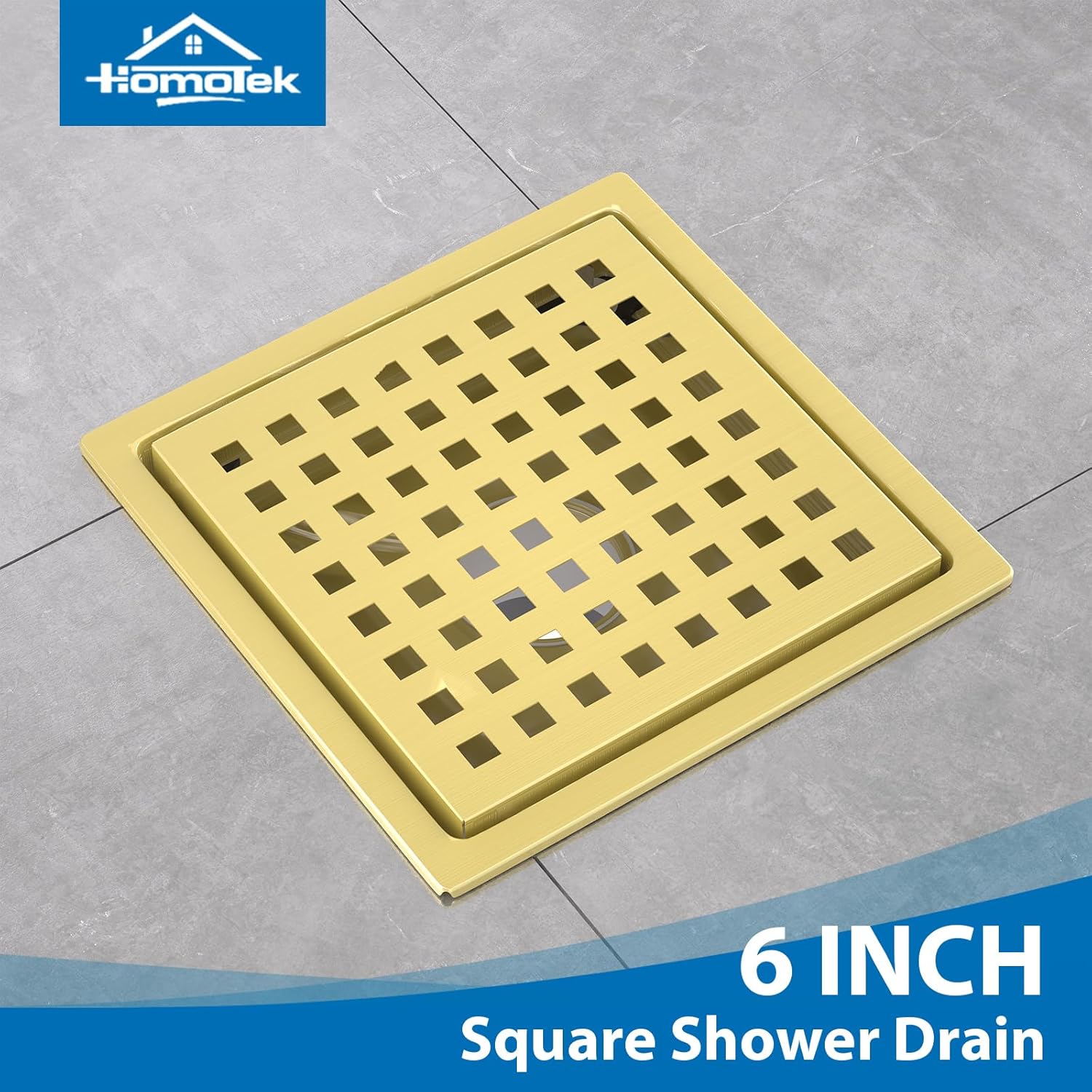 HOMOTEK 6 Inch Shower Drain Kit with Flange and Brushed Gold Strainer