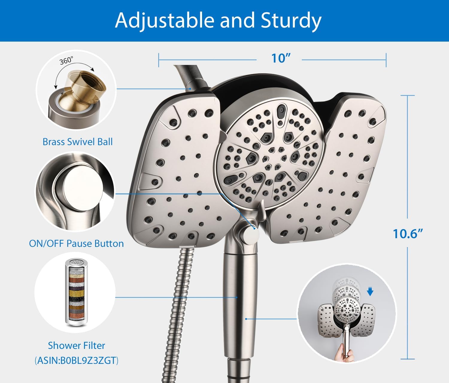 INAVAMZ 25GPM Nickel Shower Head with Handheld 10 Spray Settings