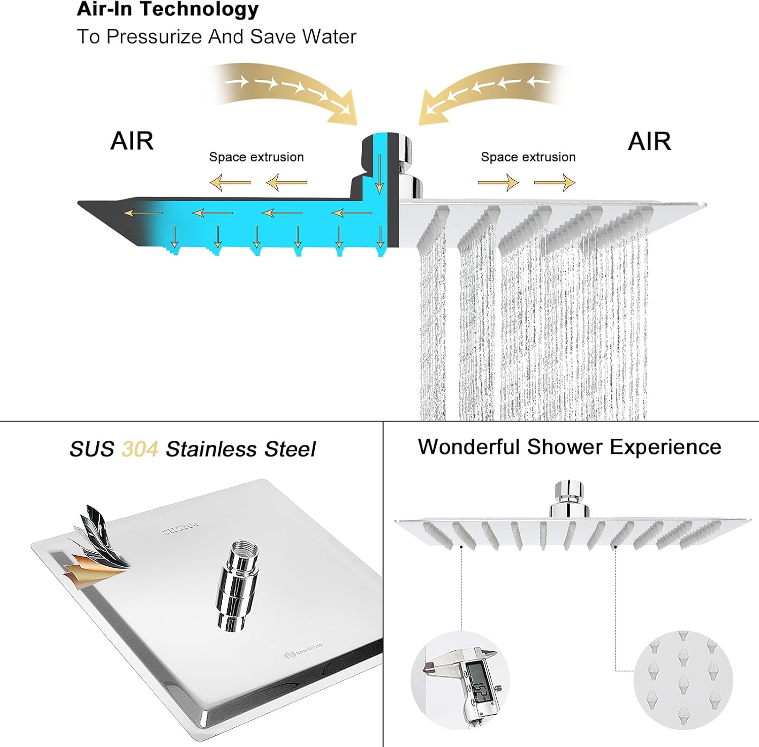 NearMoon 10-Inch Square Rain Shower Head with Chrome Finish