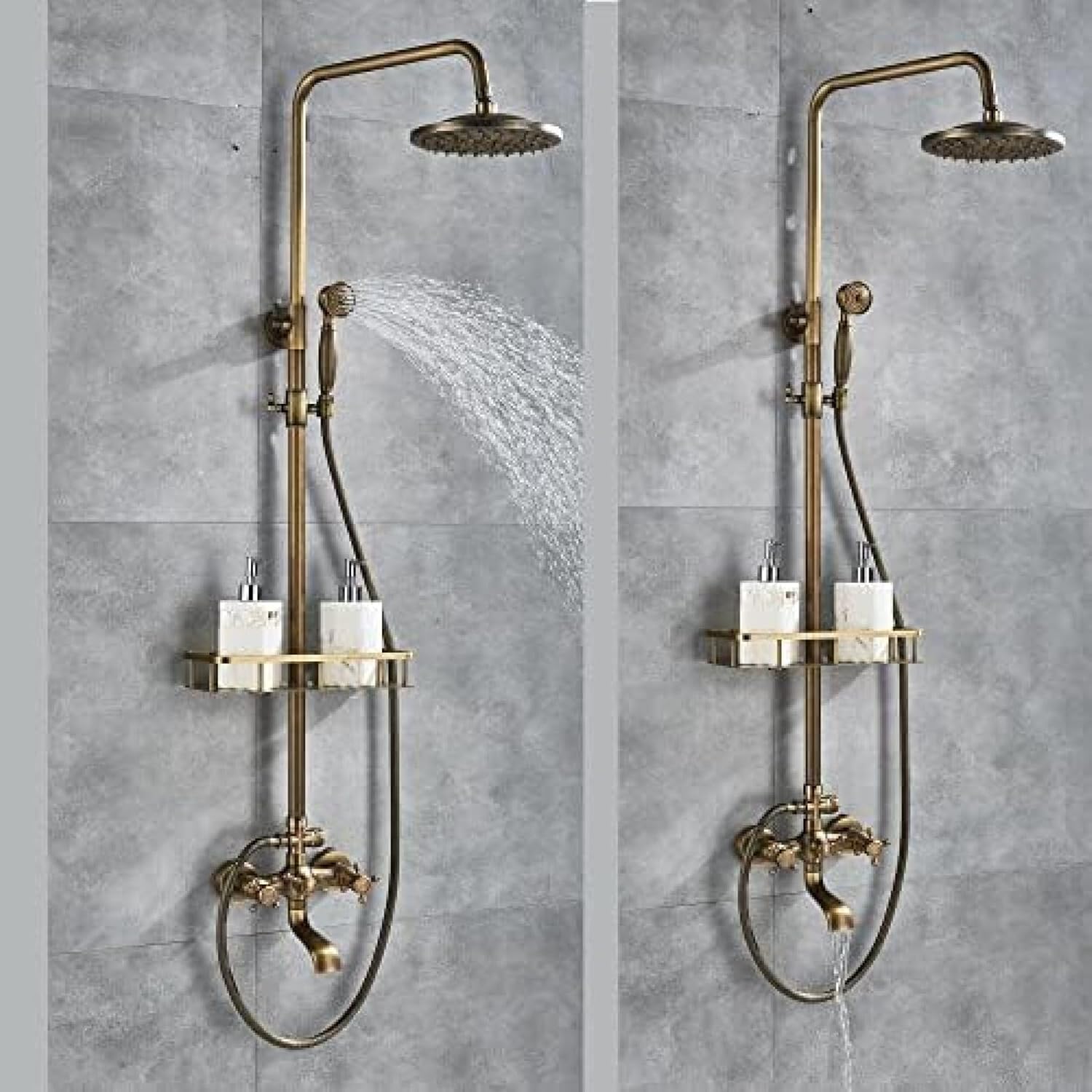 TECKI Rainfall Shower Faucet Set with Antique Brass Handheld Head