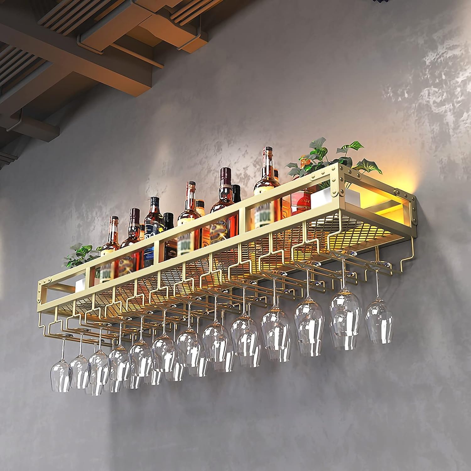 ZJDYDY Gold Wall Mounted Wine Rack with Glass Holder