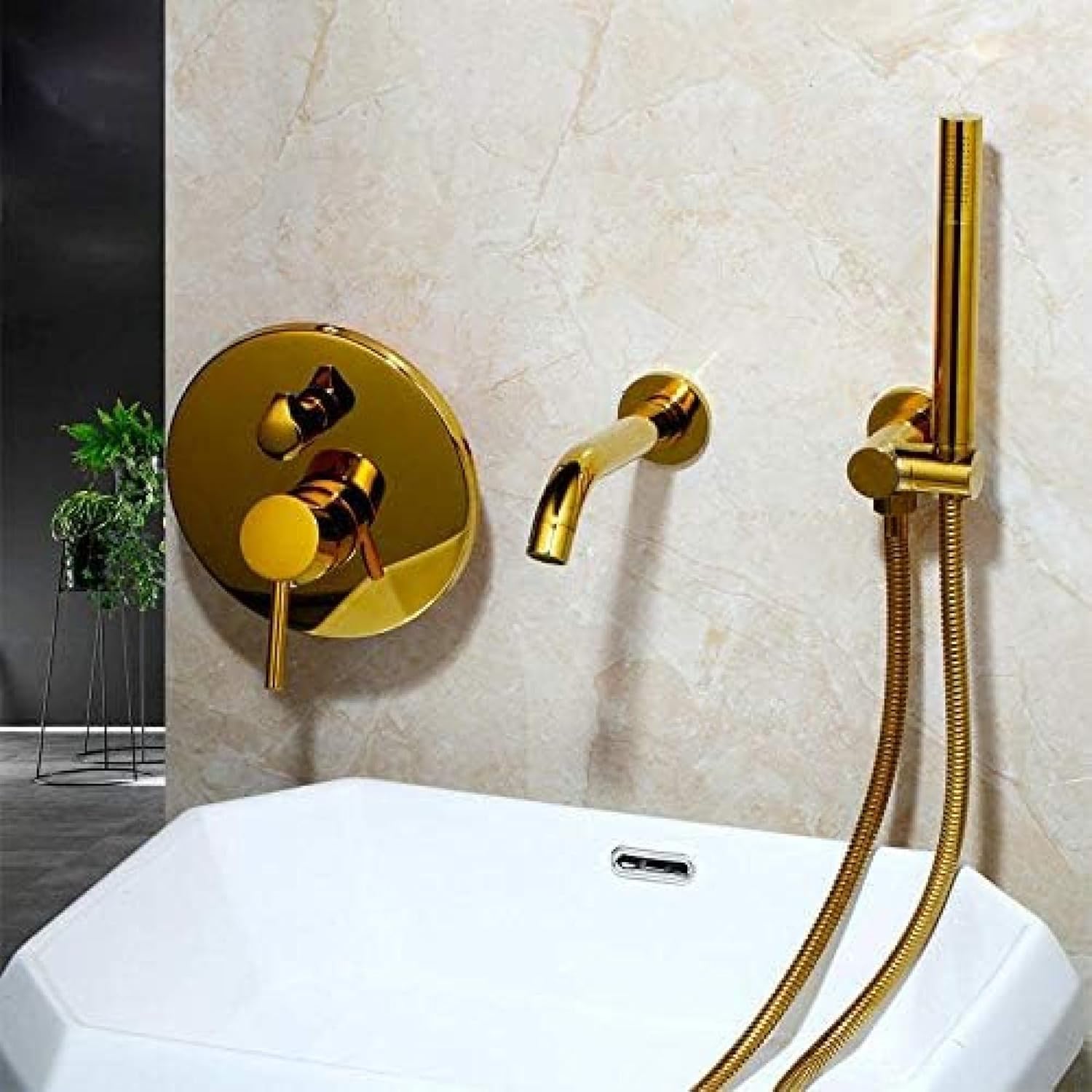 TECKI Brushed Gold Brass Shower Set with Handheld and Wall Mount