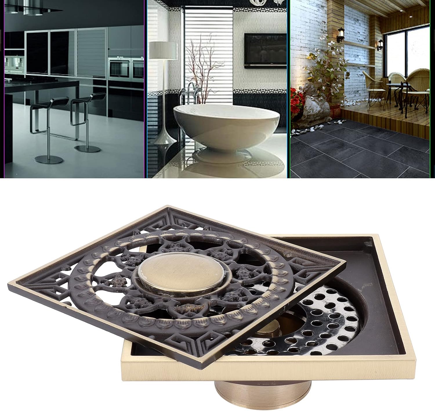 OUKENS 39x39in Square Art Carved Copper Brass Floor Drain Kit