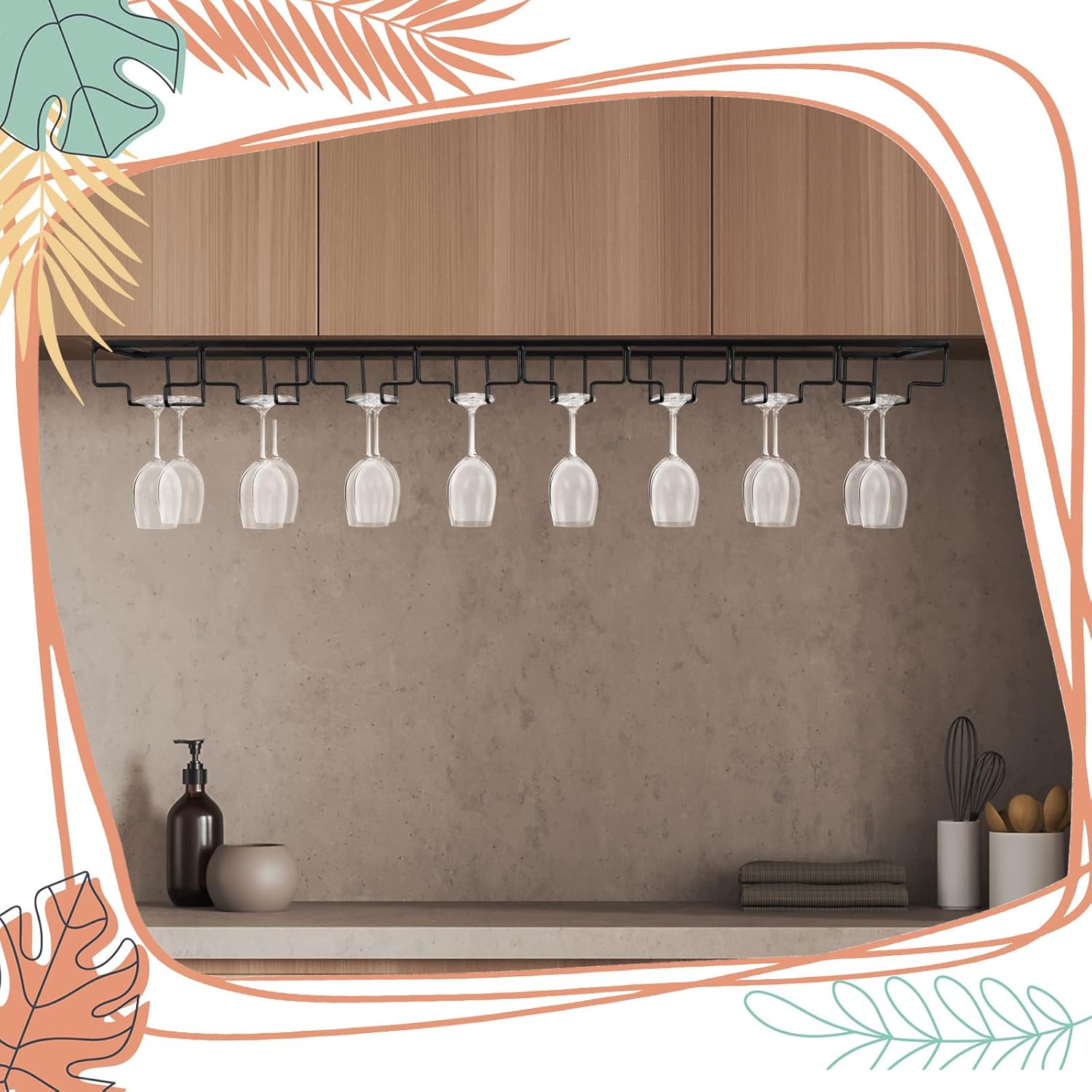 8 Row Wine Glass Rack for Cabinet Kitchen Bar Counter Black