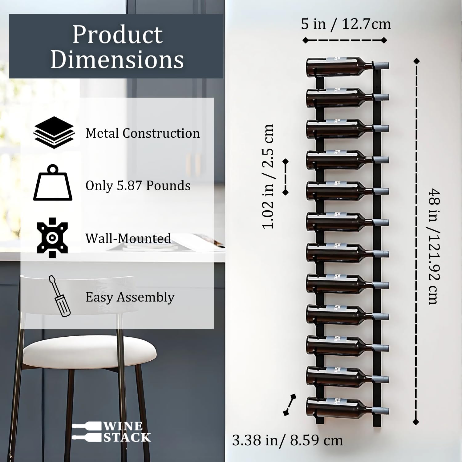 12 Bottle Black Metal Wall Mounted Wine Rack - Modern Industrial Style
