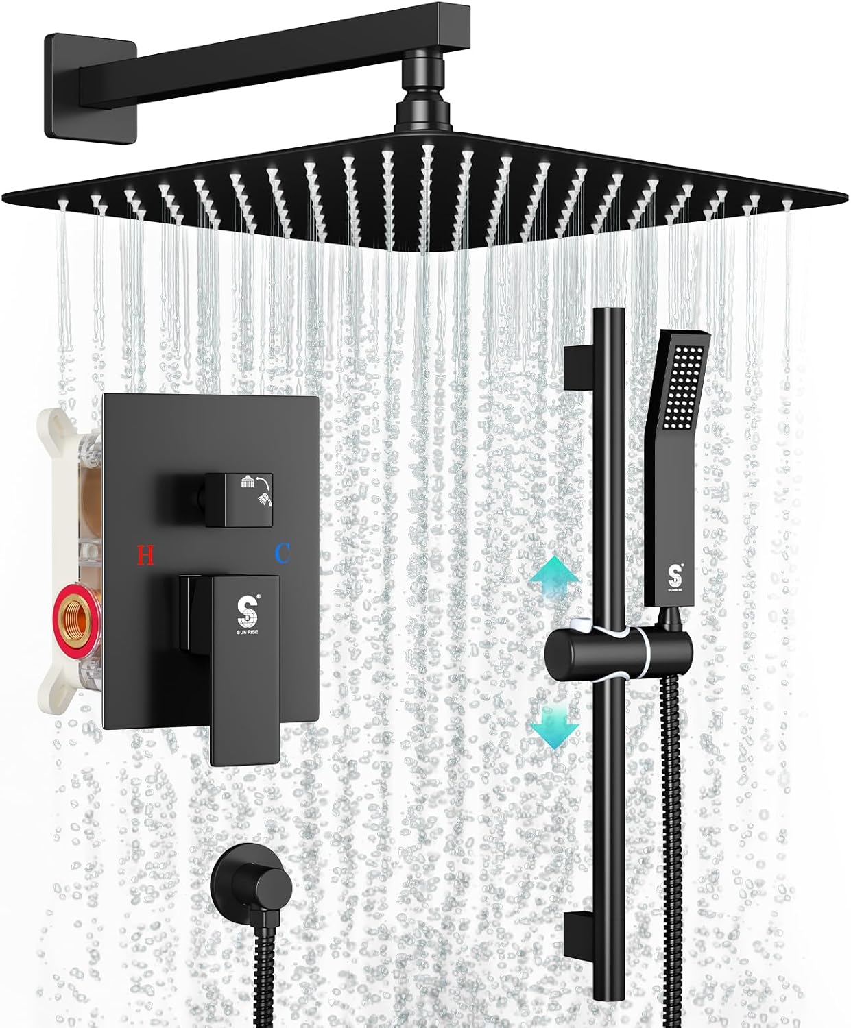 SR SUN RISE 10 Inch Slide Bar Shower Set with Matte Black Faucet