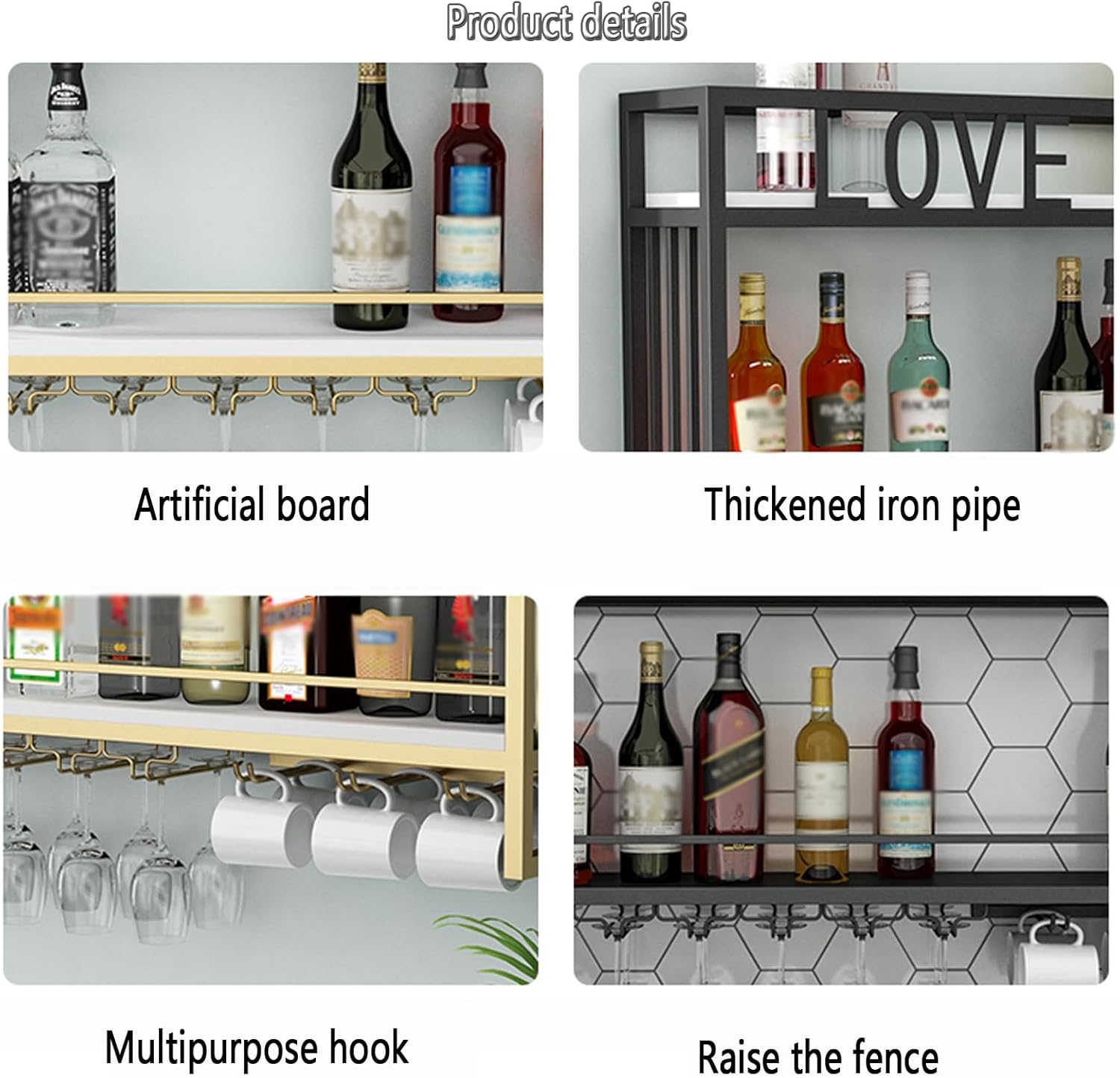 Wall Mounted Wine Rack Black 100cm Metal Holder with Glass Storage Shelves