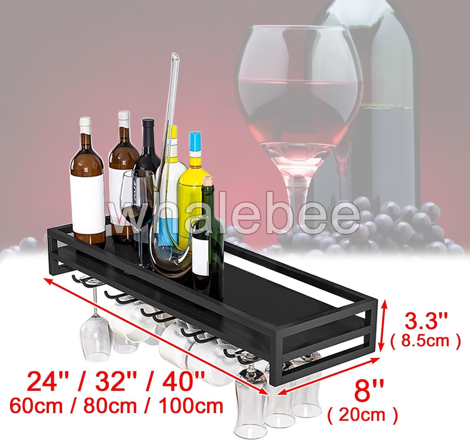 Whalebee Wall-Mounted Wine Glass Rack - 5 Rows Black Gold White