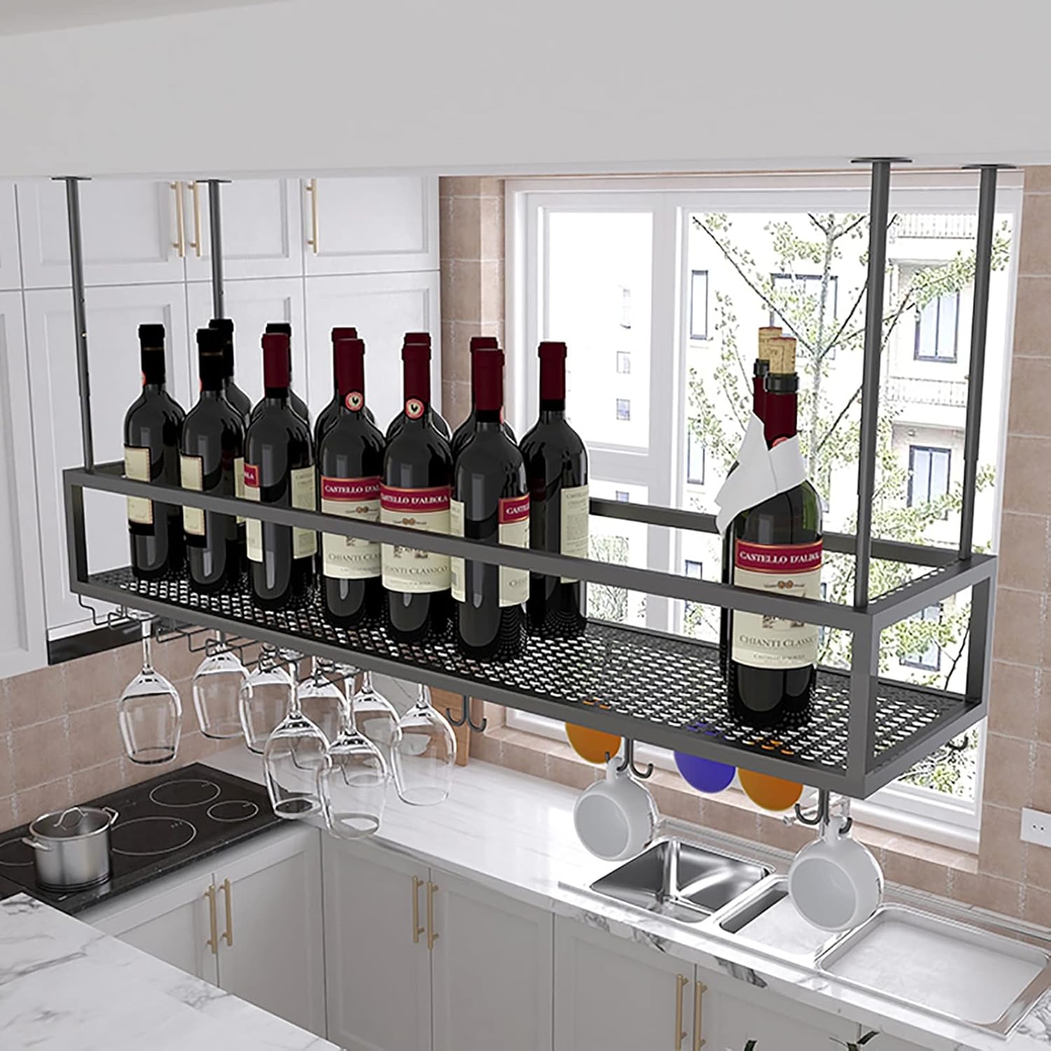 ZJDYDY Wall-Mounted Wine Rack with Glass Holder Adjustable Height