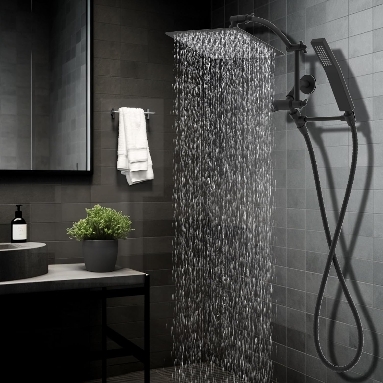 Hibbent All Metal Rainfall Shower Head Combo with Handheld and Extension Arm