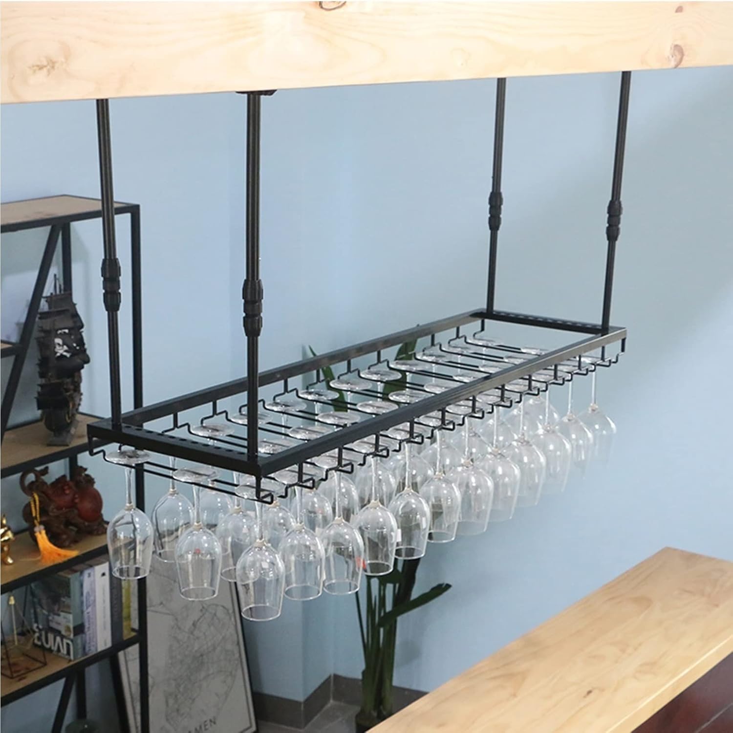 Ceiling Wine Rack with Adjustable Glass Holder Sturdy Metal Design Black 100x35cm