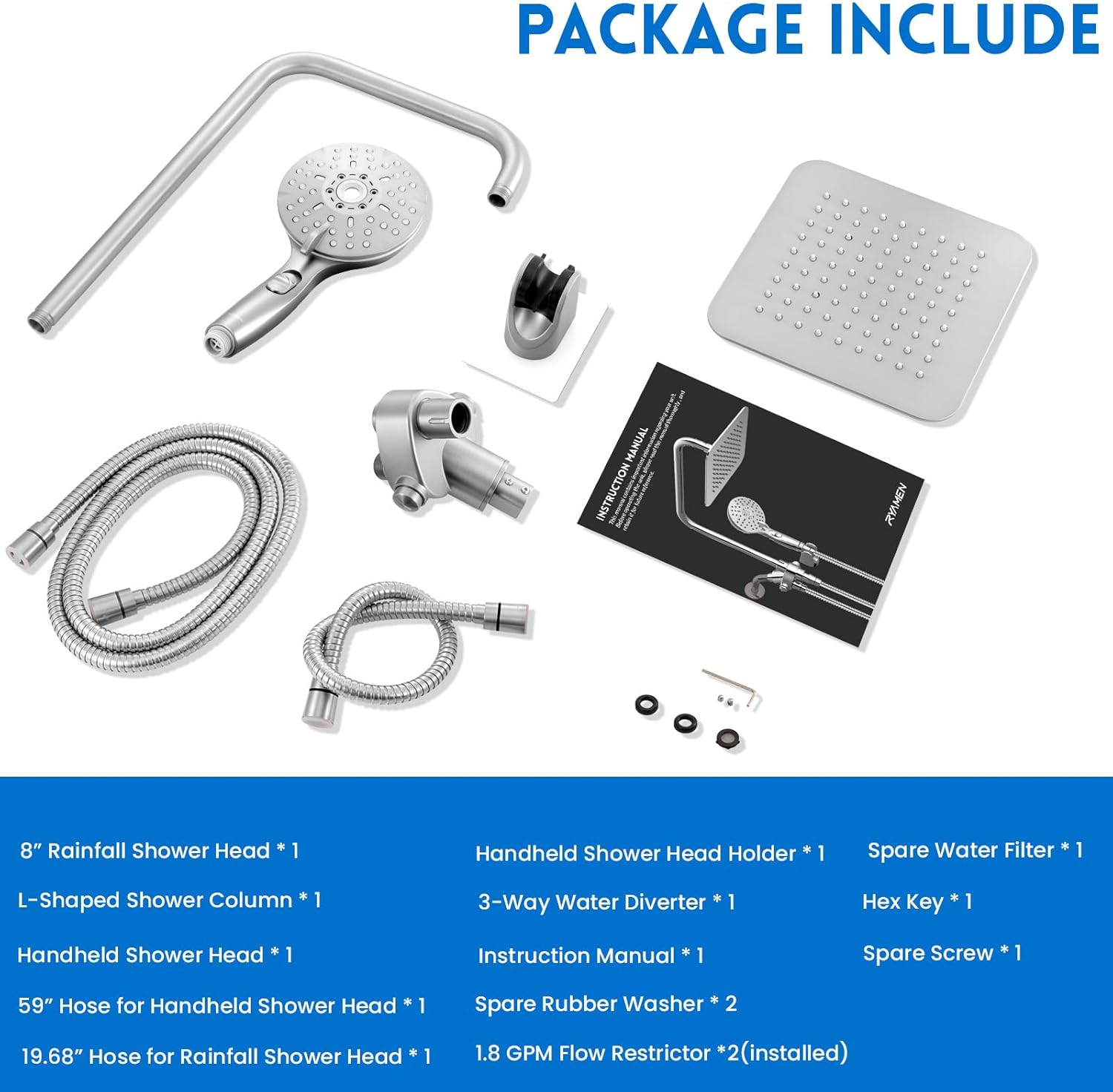 Ryamen Dual Shower Head Combo with 15 Slide Bar 6 Settings Handheld