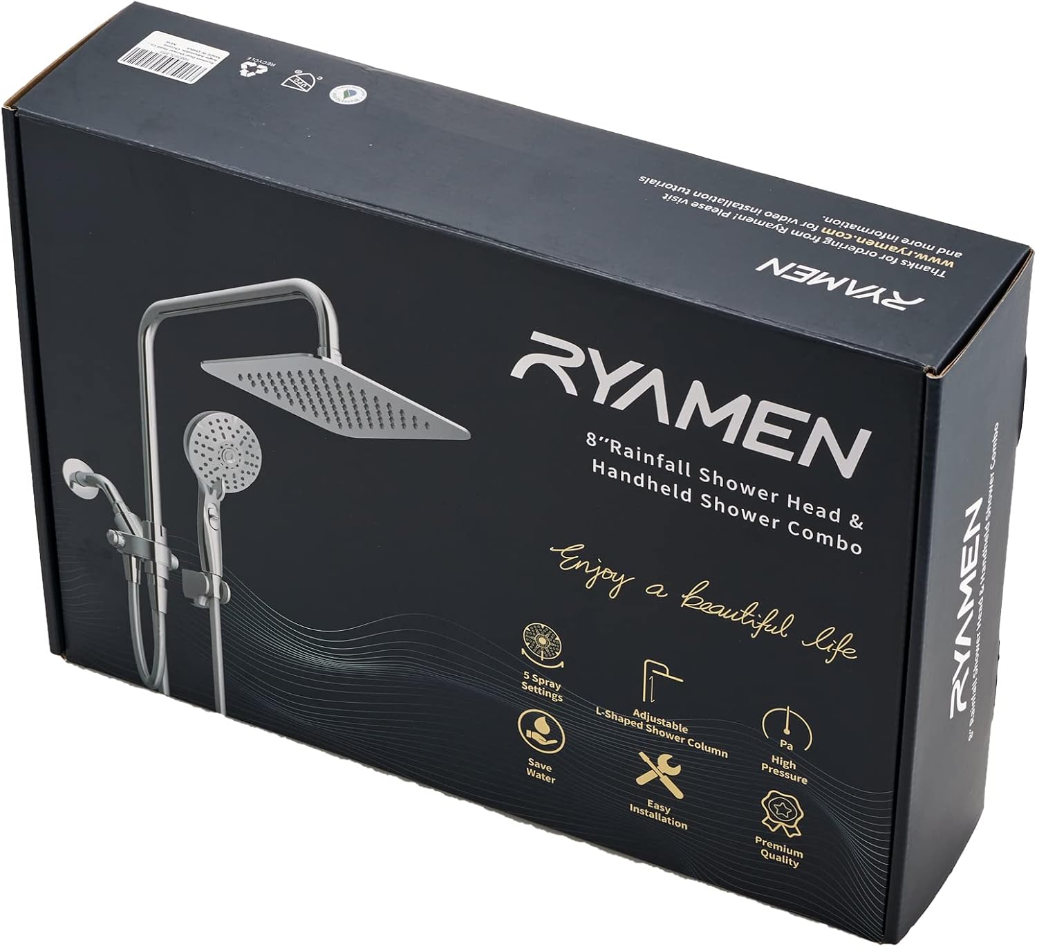 Ryamen Dual Shower Head Combo with 15 Slide Bar 6 Settings Handheld