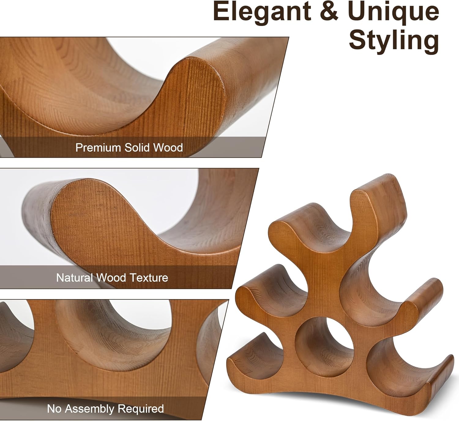 6 Bottle Countertop Wine Rack - Wooden Stand for Kitchen Bar Pantry