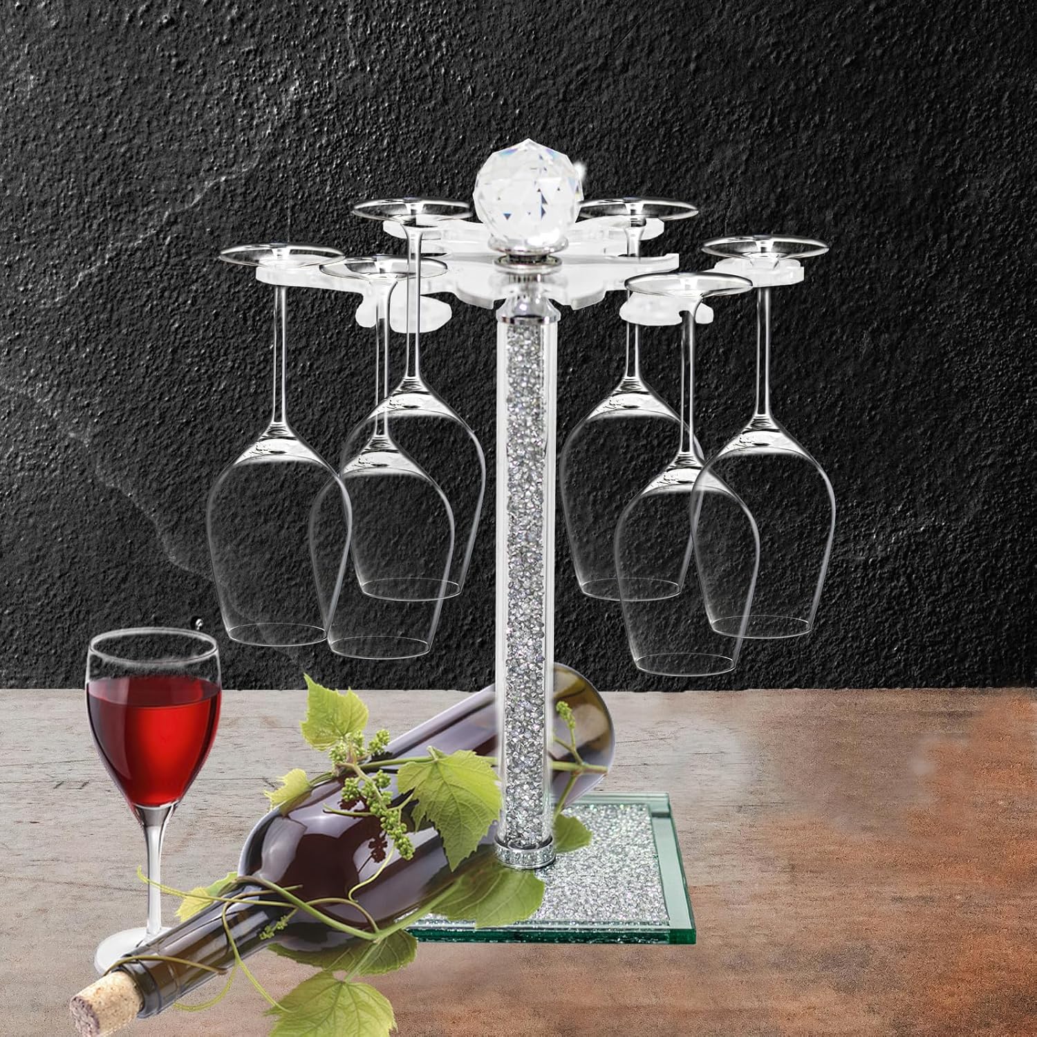 HMRCYTE Crystal Wine Glass Holder 6 Hook Silver Freestanding