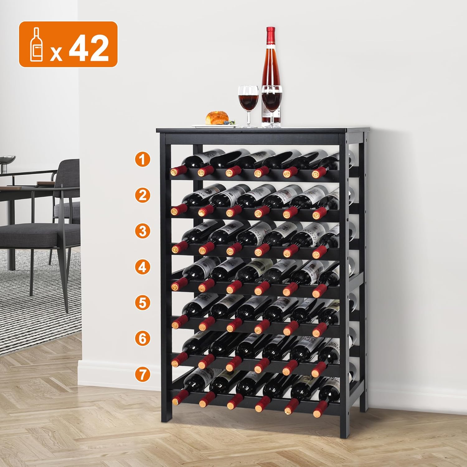 VASMIA 42-Bottle Bamboo Wine Rack 7-Tier Freestanding Floor