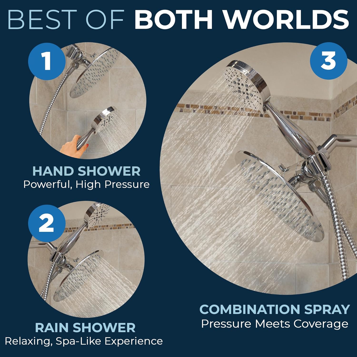 HammerHead Showers Dual Combo - 8-Inch Rainfall 3-Flow Handheld