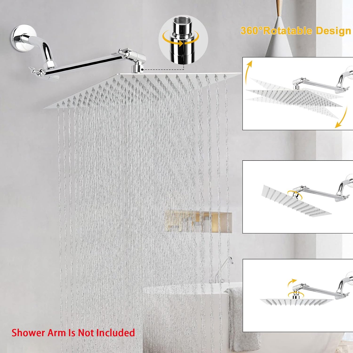 NearMoon 10-Inch Square Rain Shower Head with Chrome Finish