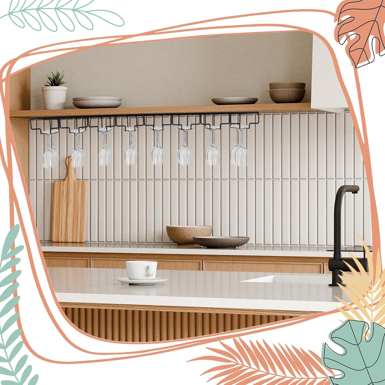 8 Row Wine Glass Rack for Cabinet Kitchen Bar Counter Black