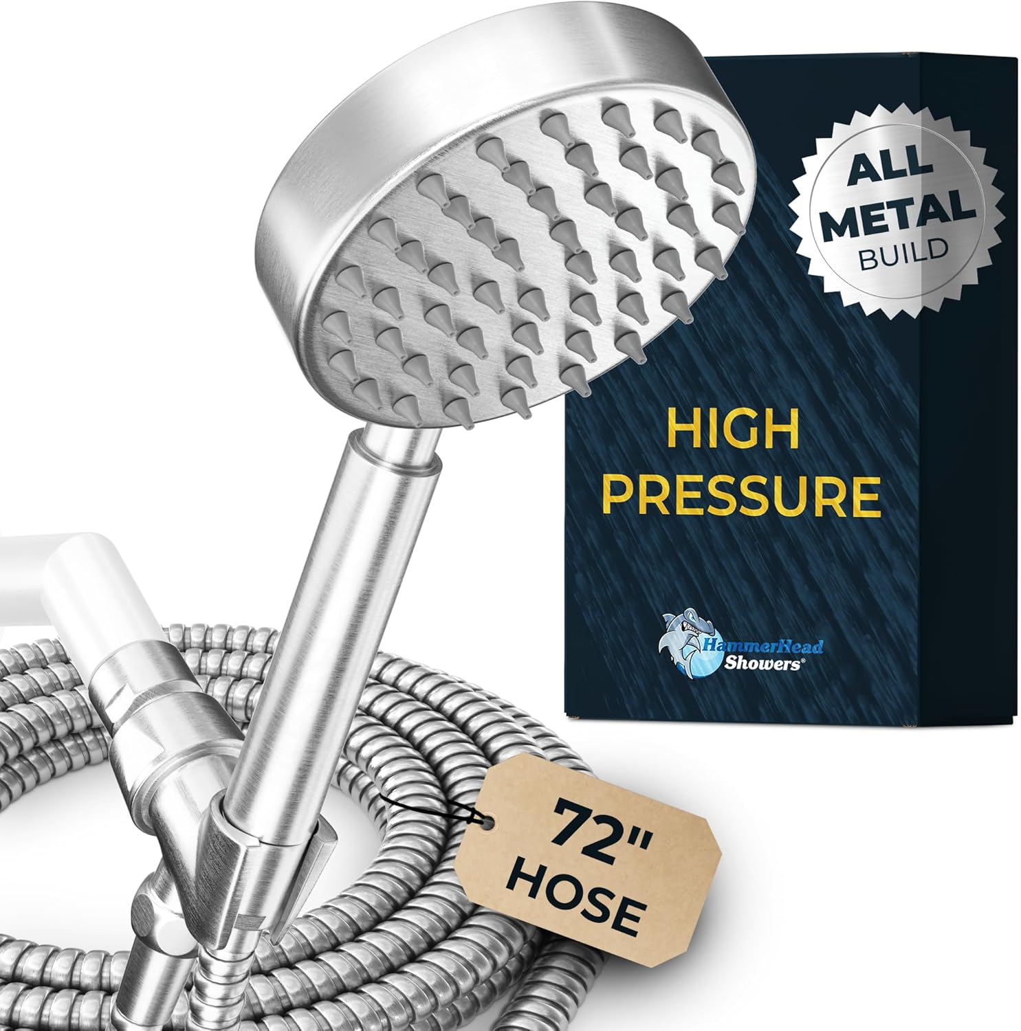 HammerHead Showers All Metal Handheld Shower Head with Hose and Brass Holder