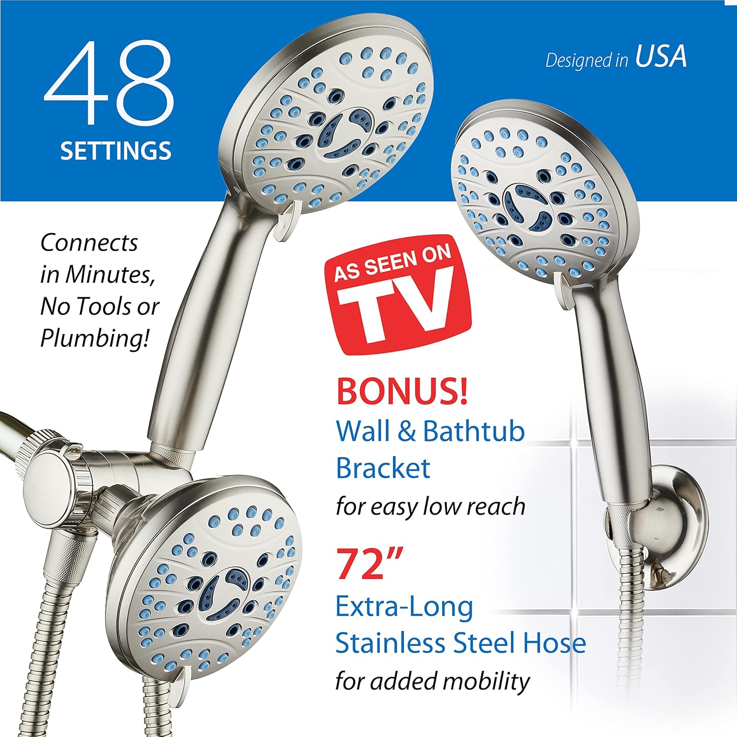Hotel Spa AquaCare High Pressure 48-Setting Rain Handheld 3-Way Shower Combo