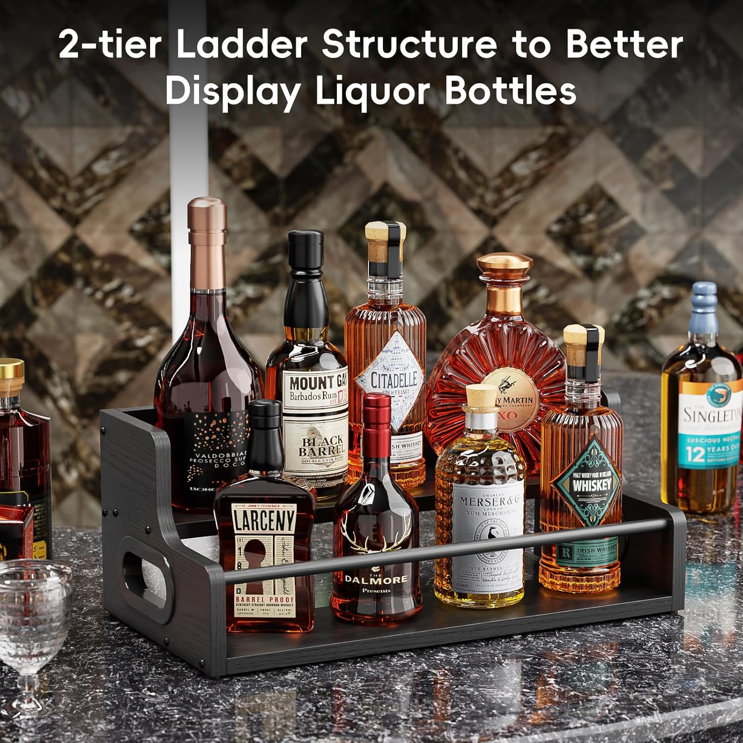 KLM Distressed Wooden Liquor Display Shelf 2-Tier Bar Organizer Black