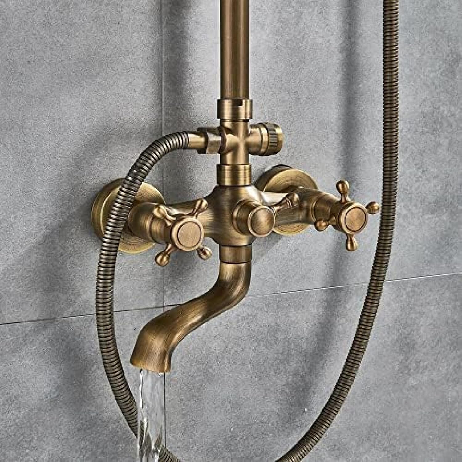 TECKI Rainfall Shower Faucet Set with Antique Brass Handheld Head