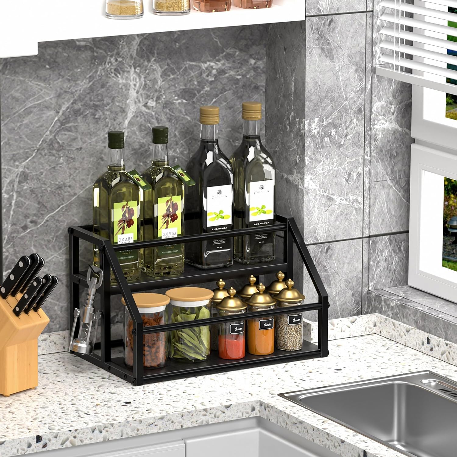 Homedawn Coffee Syrup Rack Organizer 2-Tier 8 Bottles Black
