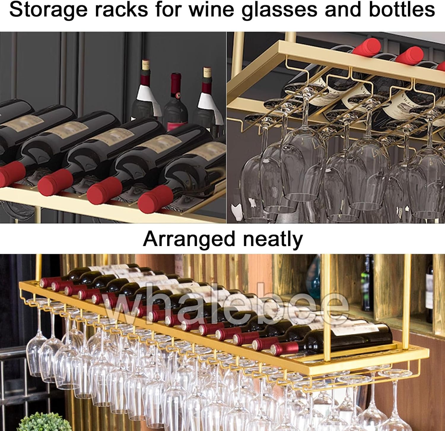 Whalebee Wall-Mounted Wine Glass Rack - 7 Sizes Black Gold