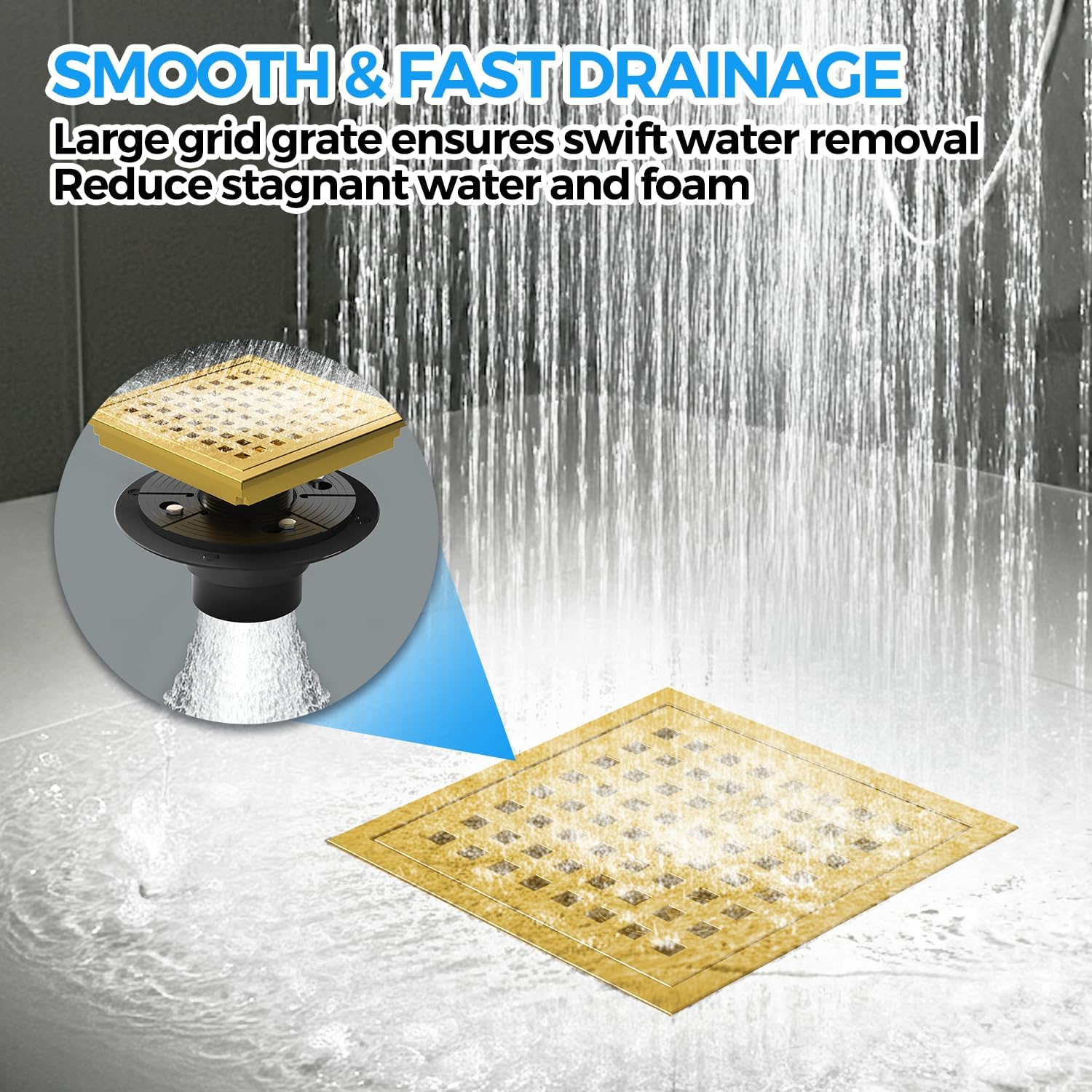 Zaa 6 Inch Square Shower Drain Kit with Gold Hair Strainer