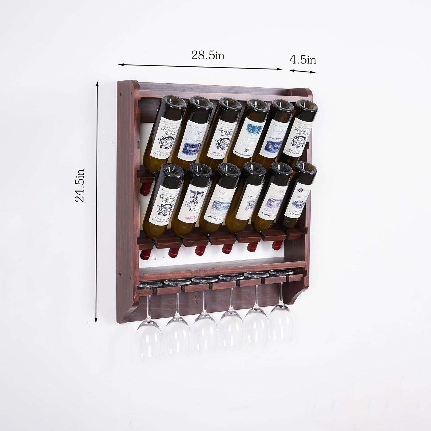 18-Bottle Wall Wine Rack with Glass Holder and Solid Wood Design