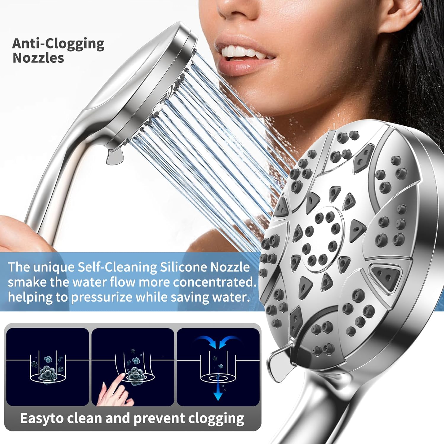 VKZK High Pressure 8 Mode Handheld Shower Head with Stainless Steel Hose