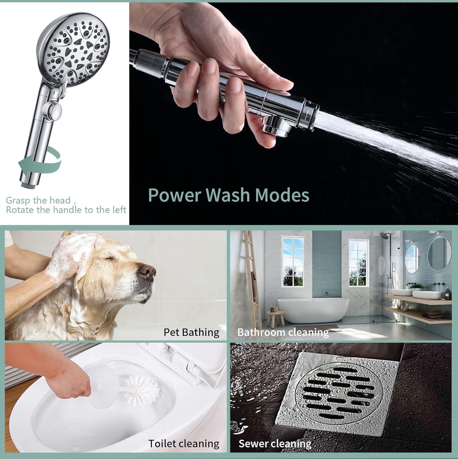 WHZeffect Handheld Shower Head with 8 Spray Modes and Power Wash 1