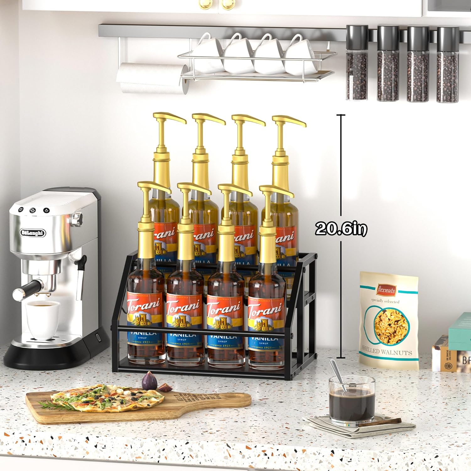 Homedawn Coffee Syrup Rack Organizer 2-Tier 8 Bottles Black