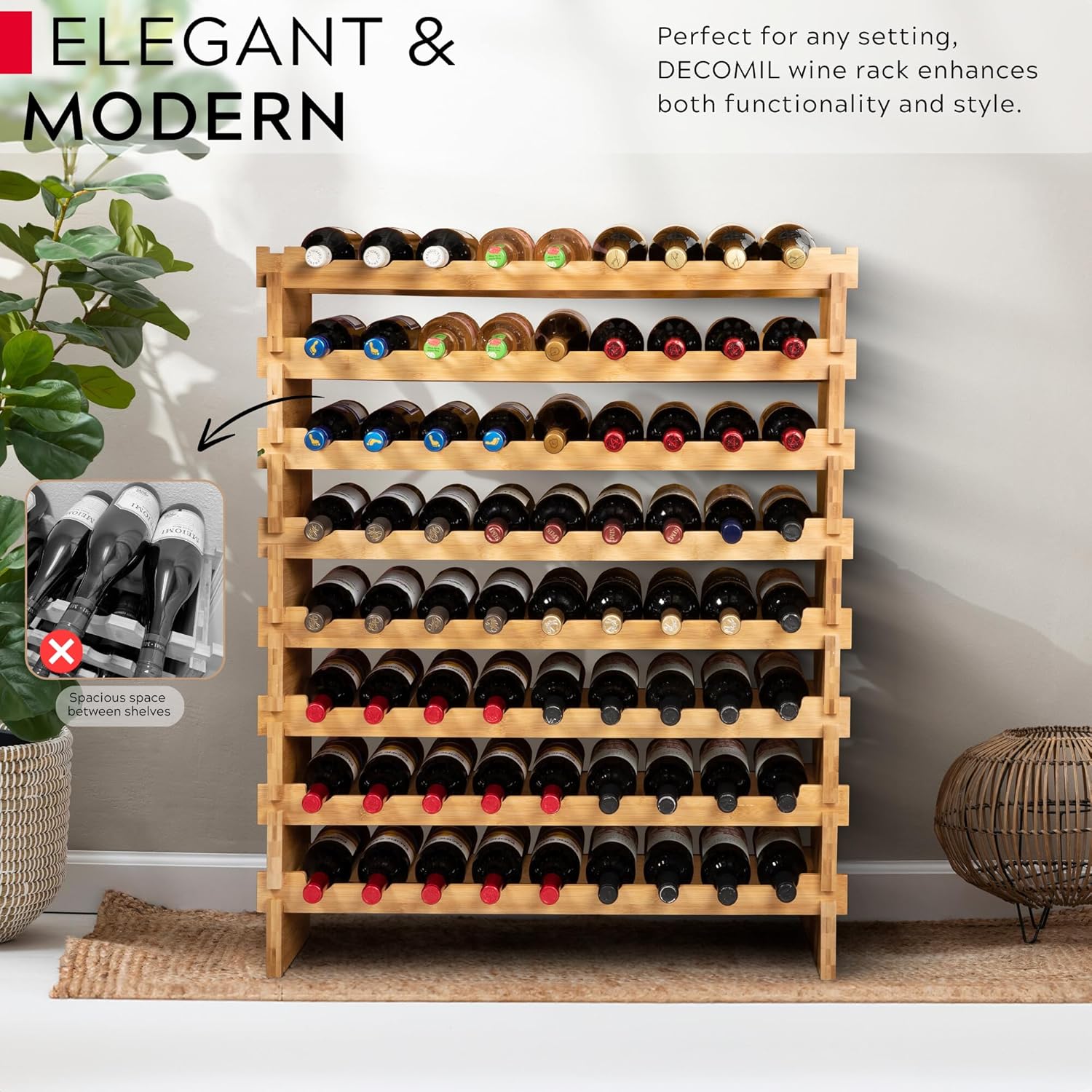 Decomil 8-Tier Bamboo Wine Rack 72 Bottle Capacity 1