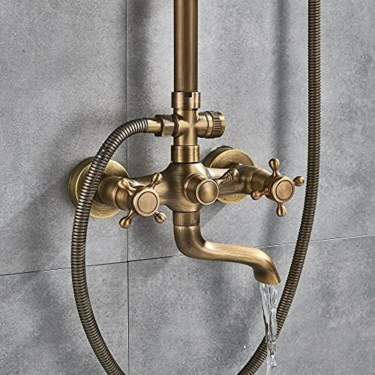 TECKI Rainfall Shower Faucet Set with Antique Brass Handheld Head