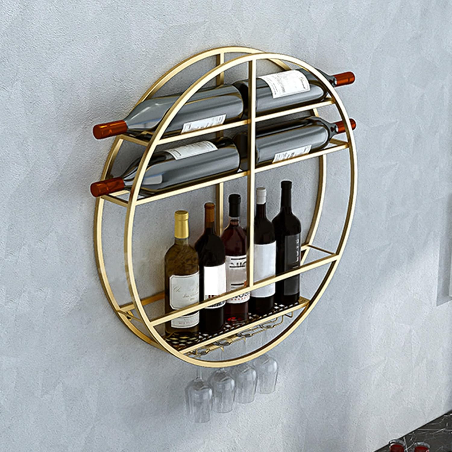 MeyeLo Round Wall Wine Rack with Glass Holder