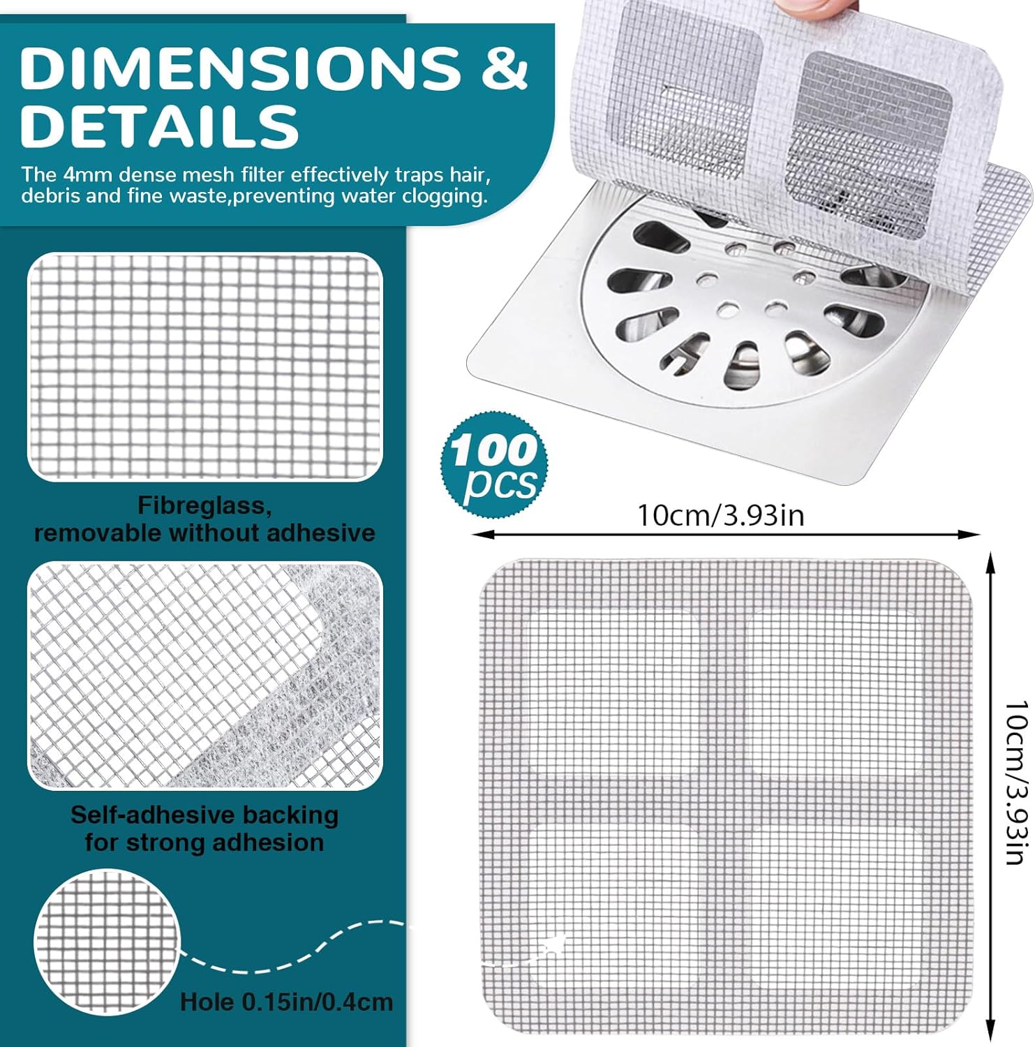 Quxddy 100pcs Shower Hair Catcher 4 Inch Square Drain Strainer