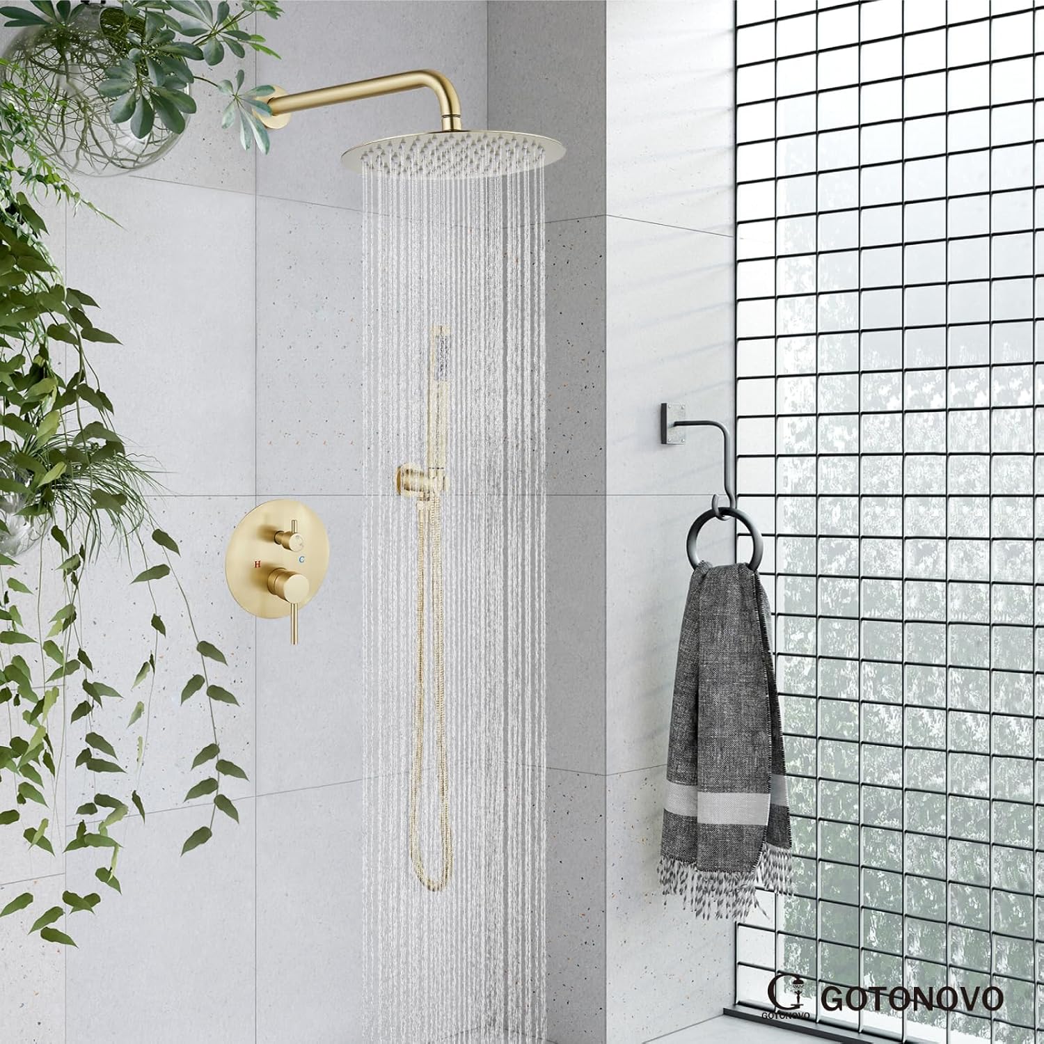 gotonovo 10 Inch Round Rainfall Showerhead with Handheld Spray and Rough In Valve