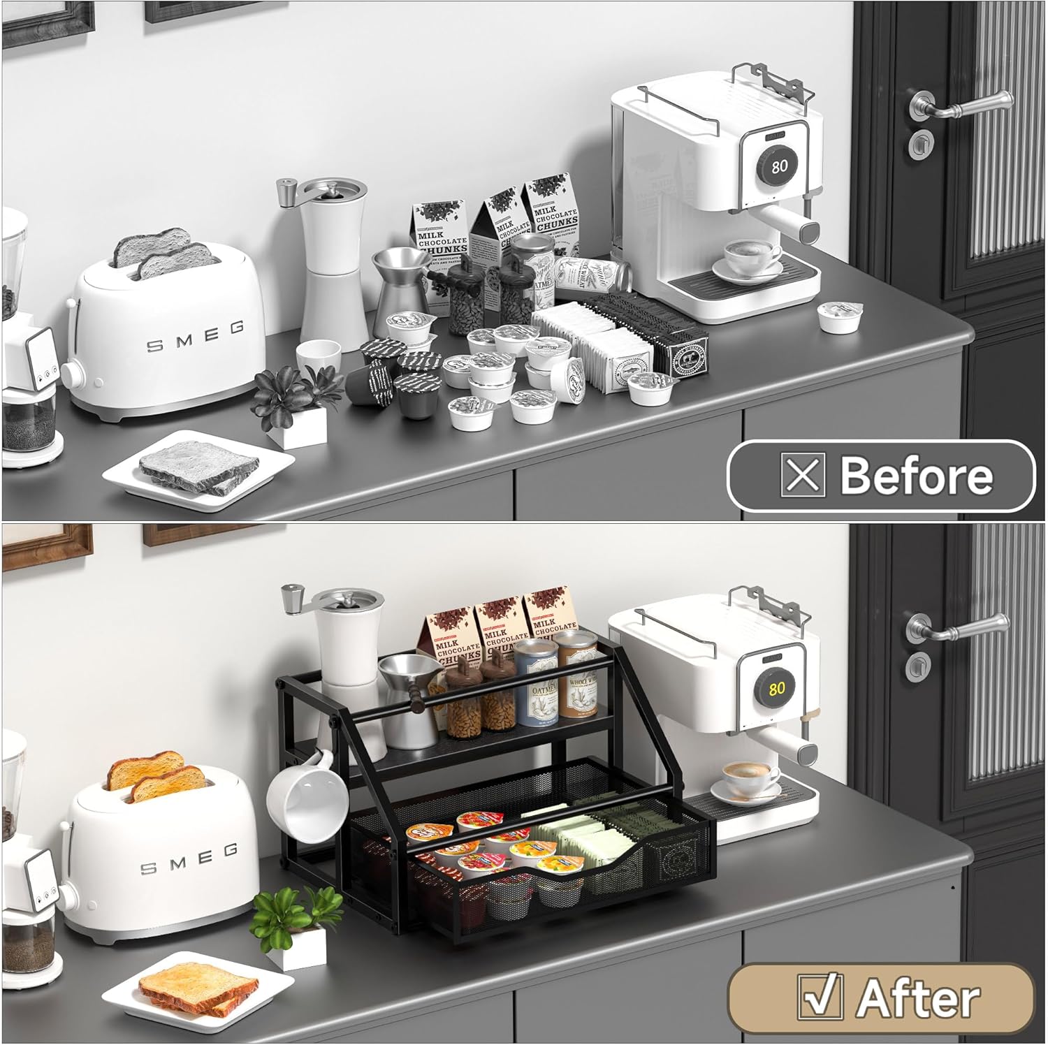 Homedawn Coffee Syrup Rack Organizer 2-Tier 8 Bottles Black