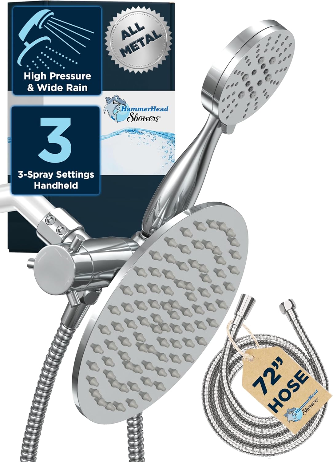 HammerHead Showers Dual Combo - 8-Inch Rainfall 3-Flow Handheld