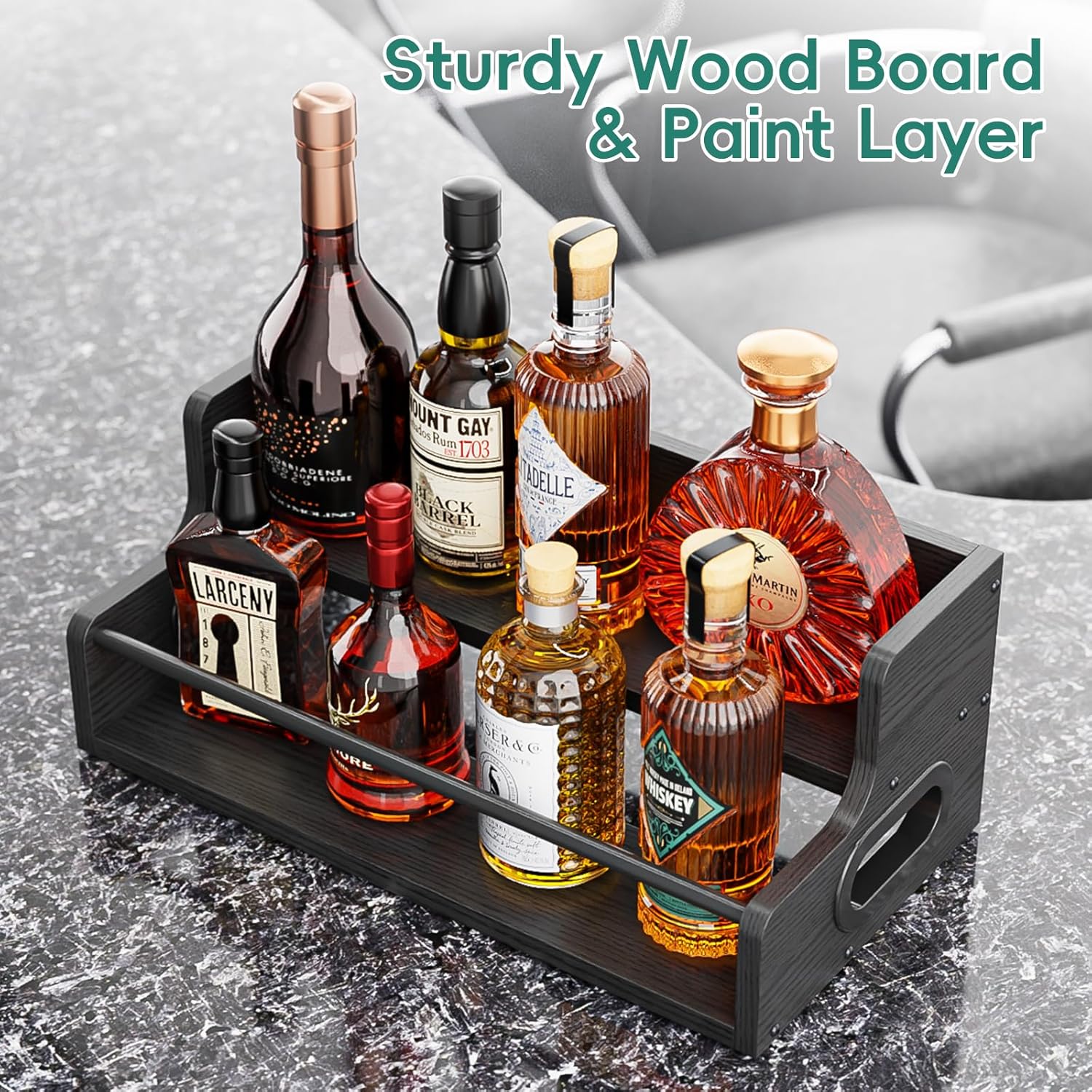 KLM Distressed Wooden Liquor Display Shelf 2-Tier Bar Organizer Black