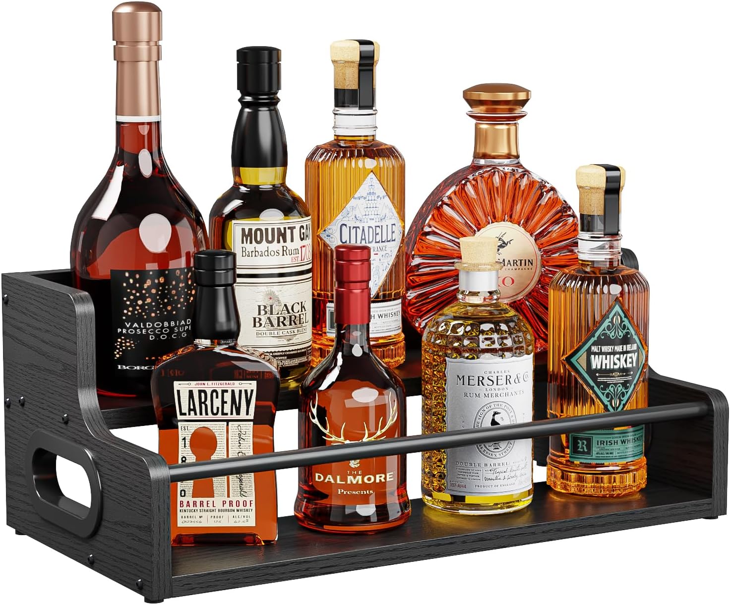 KLM Distressed Wooden Liquor Display Shelf 2-Tier Bar Organizer Black