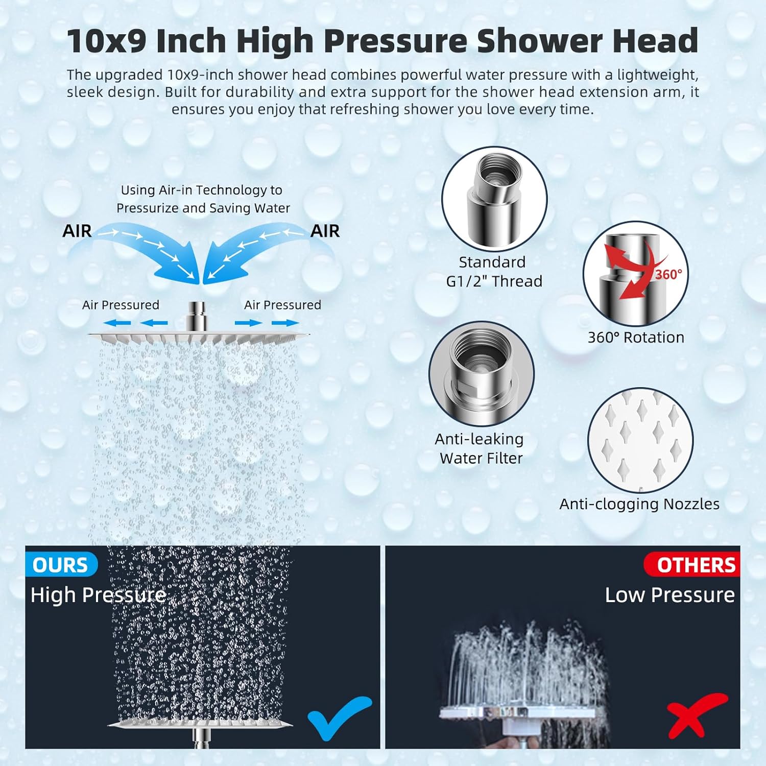 Hibbent All Metal 10x9 Rainfall Handheld Shower Combo