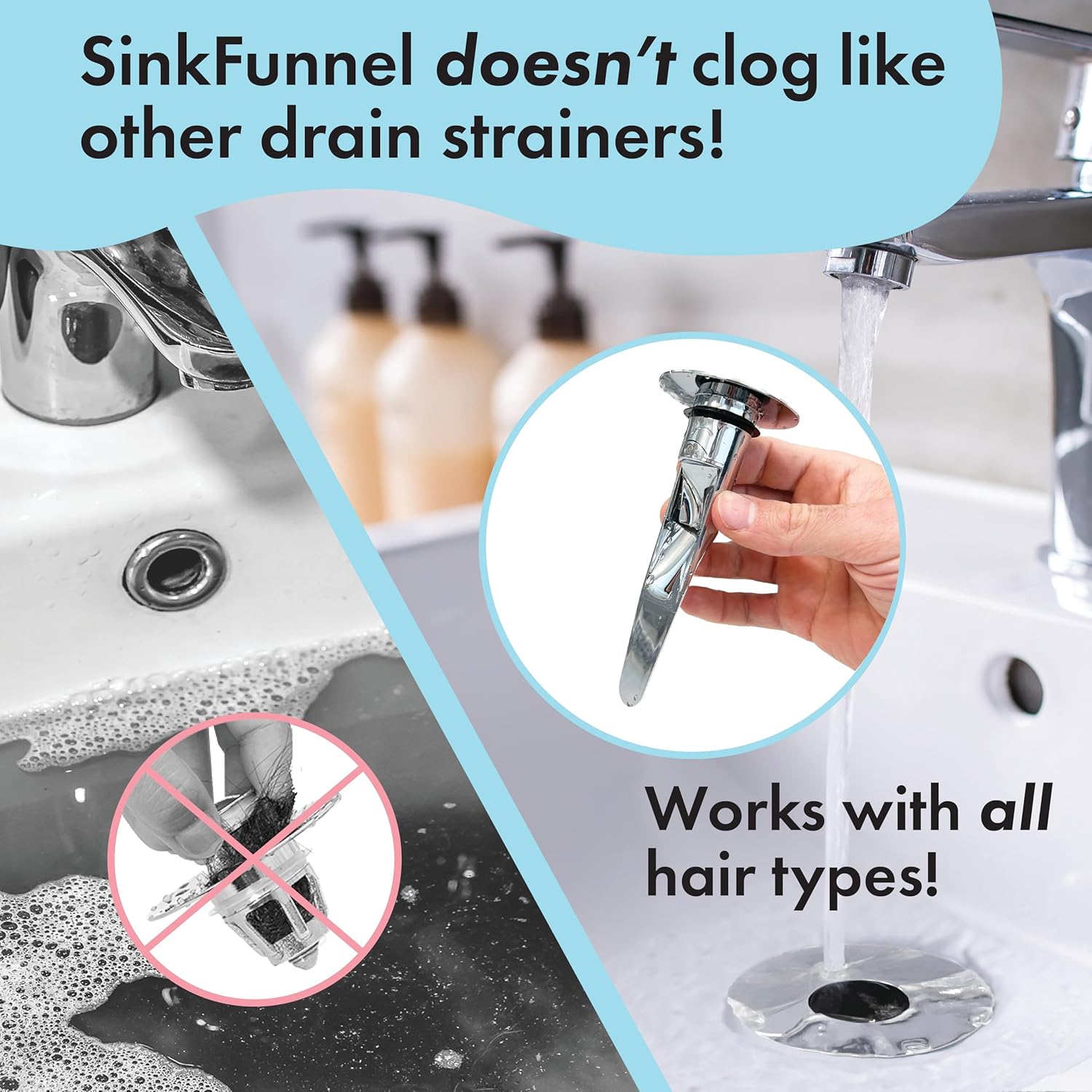 DrainFunnel Chrome Sink Strainer for Hair Clog Prevention 11-18 Inch