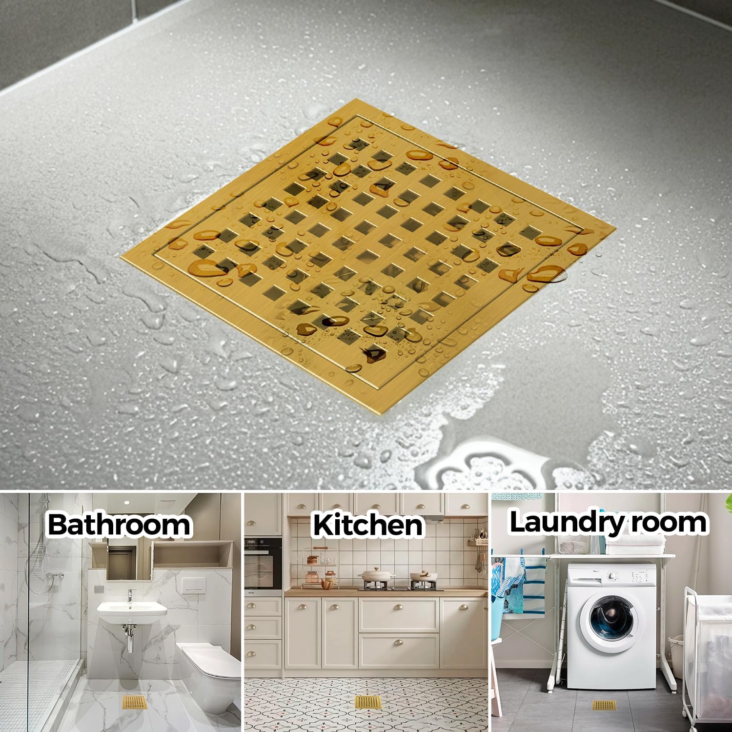 Zaa 6 Inch Square Shower Drain Kit with Gold Hair Strainer