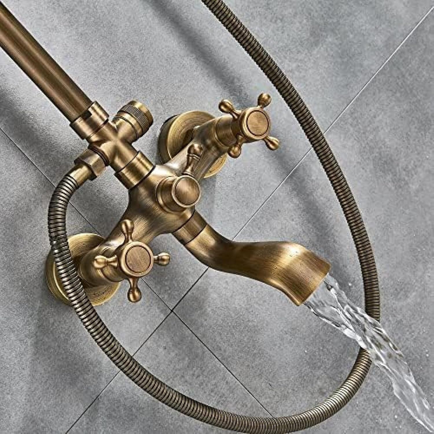 TECKI Rainfall Shower Faucet Set with Antique Brass Handheld Head