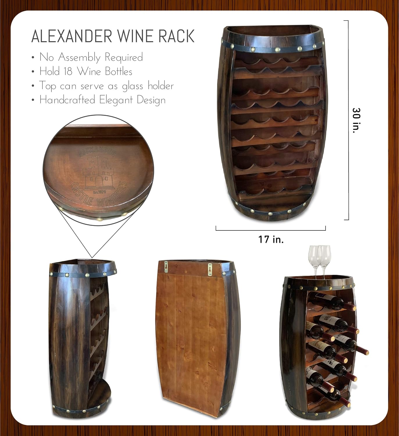 CoTa Global Alexander 18-Bottle Wooden Wine Rack - Wall Mounted and Free Standing